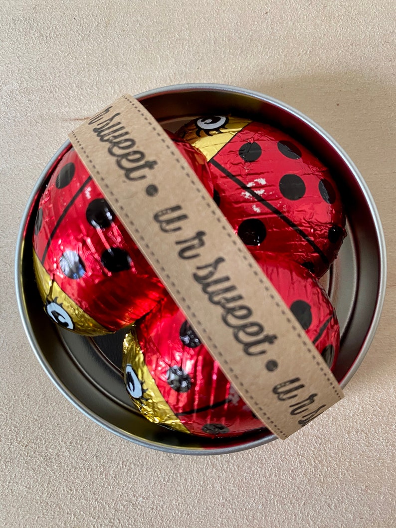 May include: A silver tin with a brown ribbon that says "so sweet - u r so sweet - u r so" and three red and black ladybug-shaped chocolates inside.