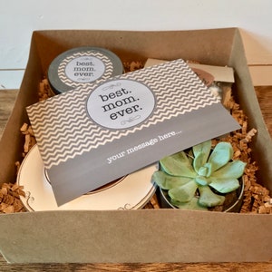 May include: A gift box filled with brown paper shred, a small succulent plant in a pot, a white ceramic plate, a gray jar with a label that says "best mom ever", and a gray card with the same text and a chevron pattern.