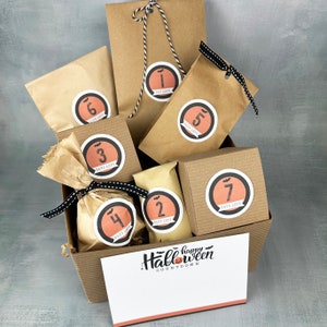 May include: A brown cardboard box filled with small brown paper bags, each with a sticker featuring a pumpkin with a bat and a number. The box has a label that says "Happy Halloween Countdown".