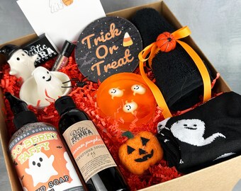 Trick or Treat Halloween Filled Boxes - Cute Ghost Boo Basket For Women or Teen Girl - Fall Fashion Pumpkin Gift Set - Spooky Spa Gift Box