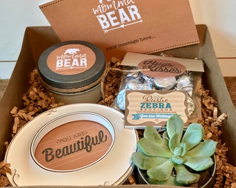 Momma Bear Gift Box + Greeting Card Ideal For Mom Birthday Or Mothers Day Gift With Soy Candle, Succulent Plant and Chocolate - Grandma Gift