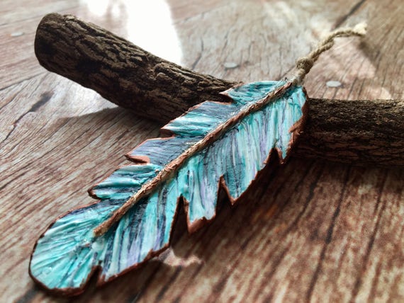 Teal Decor Feathers Ornament // Upcycled Paper Cardboard // Home Decor // Wedding Favors / Turquoise, Copper / Feather Decor