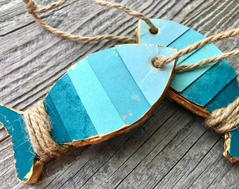 Teal Decor Rustic Coastal Decor Paper Ornament // Beach Decor // Nautical Decor // Cardboard Box // Fish Ornament // Christmas Ornaments