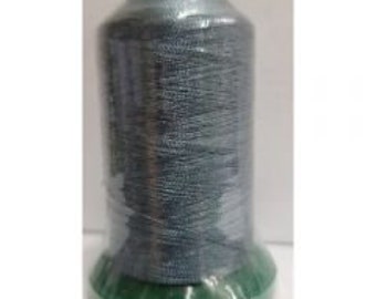 May include: A spool of dark gray embroidery thread, tightly wound and encased in clear plastic. The base and top of the spool are a vibrant green. This thread is suitable for various sewing and embroidery projects.