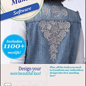 May include: A denim vest with a large, intricate lace design on the back. The image includes text that reads "My Lace Maker Software" and "Includes 1100+ motifs!" The design is for creating lace.