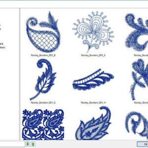 May include: A computer screen displaying various blue embroidery designs. The designs include paisley borders, floral patterns, and other decorative elements. The screen also shows a menu with design categories like "Bubble" and "Classic Lace."