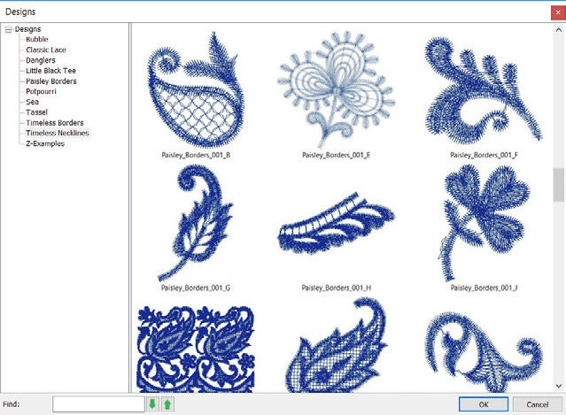 May include: A computer screen displaying various blue embroidery designs. The designs include paisley borders, floral patterns, and other decorative elements. The screen also shows a menu with design categories like "Bubble" and "Classic Lace."