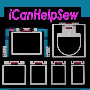 May include: An assortment of white and blue embroidery hoops and frames, with the text "iCanHelpSew" in pink. The frames are in various shapes and sizes, designed for embroidery projects. The background is black.