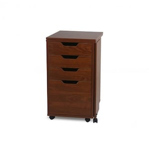 May include: A dark brown wooden storage cabinet with four drawers and a top surface. The cabinet has a wood grain pattern and is mounted on small black wheels for mobility. The drawer pulls are recessed.