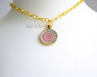 Pink and Green Kaleidoscope Swirl Pendant Necklace
