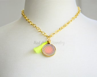 Pink and Green Kaleidoscope Swirl Pendant Necklace