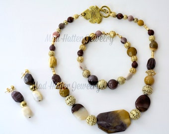 Mookaite Necklace, Bracelet, and Earrings Set, Multi-hued Mookaite Gemstone Set