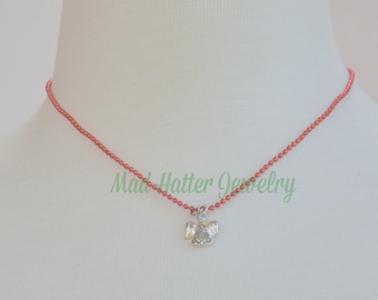 Silver Angel on Red Ball Chain Necklace, Pavé Rhinestone Silver Angel Christmas Necklace, Christmas Angel on Red Ball Chain Necklace