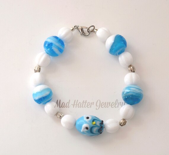 Blue and White Owl Bracelet, Blue and White Lampwork Beads