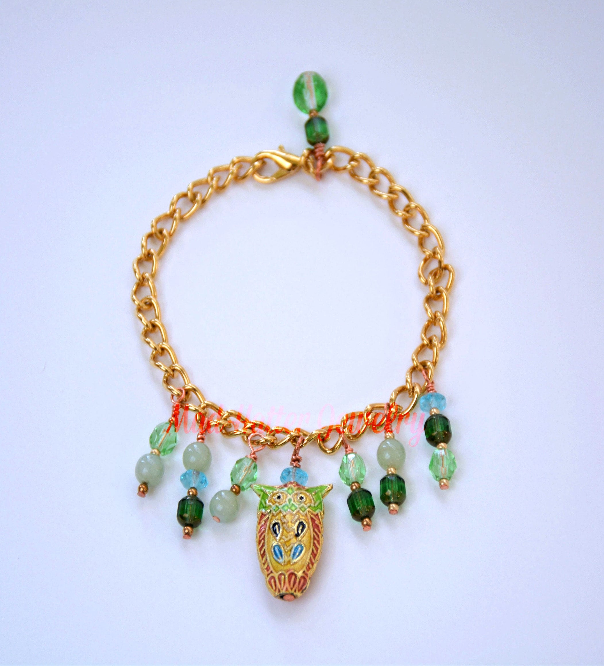 Cloisonn&eacute; Owl Charm Bracelet: Beaded Dangles, Gold-Plated Chain