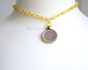 Pink and Green Kaleidoscope Swirl Pendant Necklace, Multicolored Kaleidoscope Necklace,Pink and Green Kaleidoscope on Gold Chain