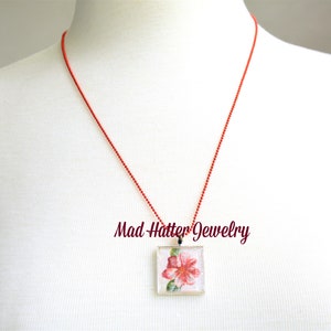 Red and White Flower Necklace, Red and White Flower Pendant on Red Necklace, Red and White Flower Pendant Necklace image 2