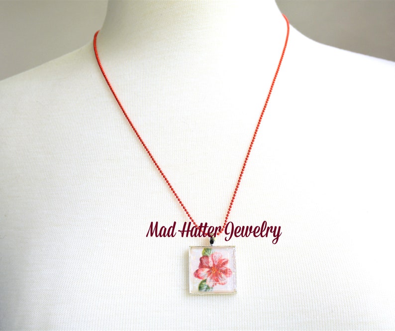 Red and White Flower Necklace, Red and White Flower Pendant on Red Necklace, Red and White Flower Pendant Necklace image 2