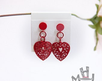 Red Filigree Heart Earrings, Red Earrings, Valentine’s Day Earrings, Red Hearts Earrings, Valentine’s Day Red Hearts Earrings