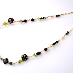 Light Rose and Black Beads Necklace, Light Pink and Cloisonné Necklace, Black and Multicolored Beads Gold Necklace