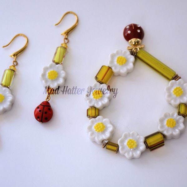 Ladybugs and Flowers Bracelet and Earrings, Yellow Flowers and Red Ladybugs, Summery White and Yellow Flowers with Ladybug Accents