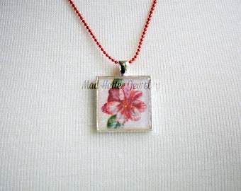 Red and White Flower Necklace, Red and White Flower Pendant on Red Necklace, Red and White Flower Pendant Necklace