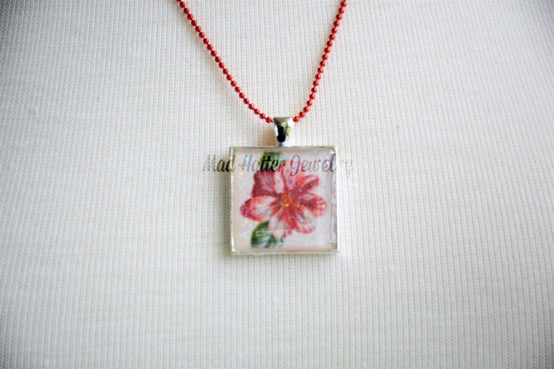 Red and White Flower Necklace, Red and White Flower Pendant on Red Necklace, Red and White Flower Pendant Necklace image 1