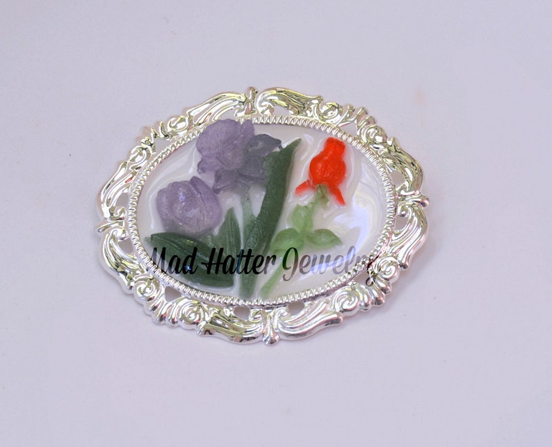 Purple Rose and Red Iris Brooch