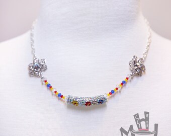 Sparkly Necklace and Earrings, Pavé Crystal Necklace, Yellow, Blue and Red Flowers Necklace and Earrings,  Crystal Necklace and Earrings Set