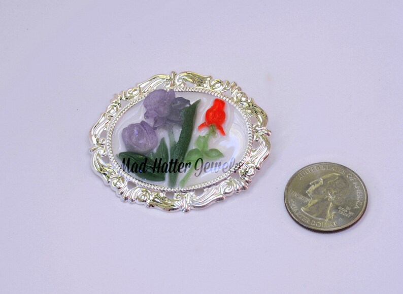 Purple Rose and Red Iris Brooch