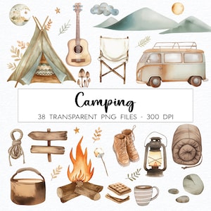 Camping Bundle Clipart / Acuarela / PNG de alta calidad / Uso comercial / Campfire Clipart / Smore Clipart / Travel Clipart / Vacaciones