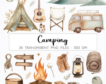 Camping Bundle Clipart / Watercolor / High Quality PNG / Commercial Use / Campfire Clipart / Smore Clipart / Travel Clipart / Vacation