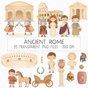 Op de afbeelding: Waterverfillustraties van het oude Rome, met Romeinse soldaten, gebouwen zoals het Colosseum en diverse Romeinse figuren. De afbeelding bevat de tekst "ANCIENT ROME 55 TRANSPARENT PNG FILES - 300 DPI".