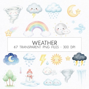Könnte beinhalten: Aquarell-Illustrationen von Wetterelementen, darunter ein Regenbogen, Sonne, Mond, Wolken und ein Tornado. Das Bild enthält den Text "WEATHER" und "67 TRANSPARENT PNG FILES - 300 DPI". Die Illustrationen sind im niedlichen Cartoon-Stil gehalten.