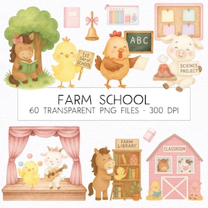 Bundle de cliparts ferme école / aquarelle / PNG haute qualité / usage commercial / clipart chambre d'enfant