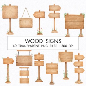 May include: A collection of watercolour illustrations of wooden signs in various shapes and sizes. Some signs have arrows, others are rectangular or square. The signs are light brown with a wood grain texture, and some have decorative flowers and grass.