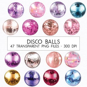 Op de afbeelding: Een verzameling discoballen in verschillende kleuren, waaronder roze, paars, goud en blauw. De afbeelding bevat de tekst "DISCO BALLS" en "47 TRANSPARENT PNG FILES - 300 DPI".