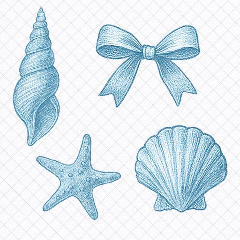 Blue Seashell Clipart Bundle | Nautical Starfish Bows Digital Download ...