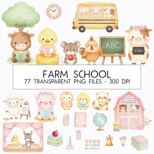 May include: Watercolor illustration featuring farm animals in a school setting. Includes a yellow school bus, a pink barn, and various animals like a cow, pig, and sheep. The text "FARM SCHOOL" is displayed.