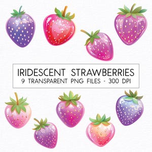 Clipart aquarelle fraises irisées / PNG de haute qualité / usage commercial / sublimation PNG brillante