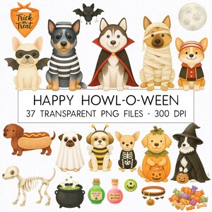 Bundle de cliparts Halloween chien / aquarelle / PNG de haute qualité / usage commercial / clipart chambre d'enfant