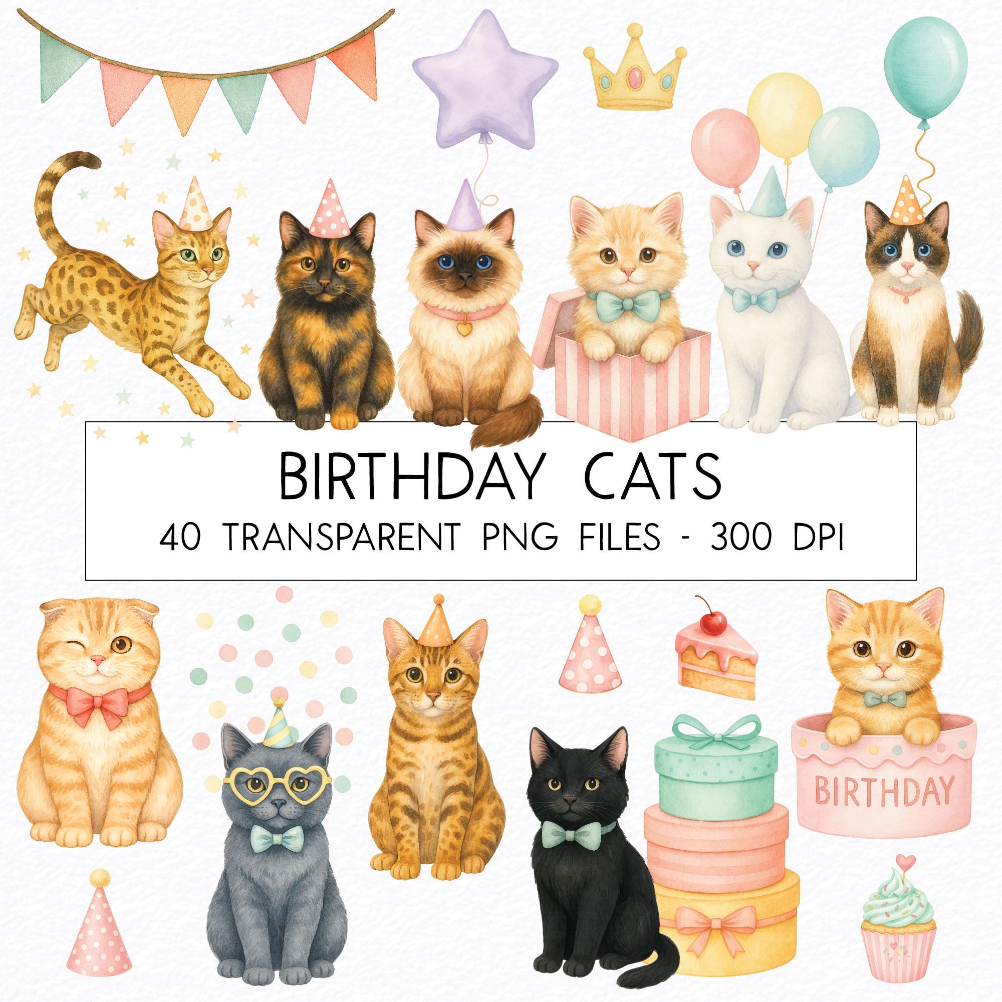 Cat Birthday Clipart Bundle / Watercolor / High Quality PNG / Commercial Use / Nursery Clipart