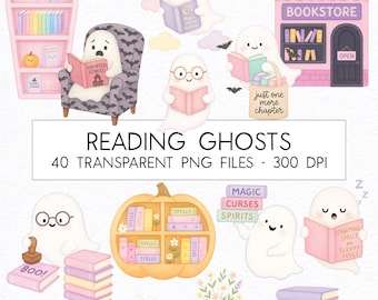 Paquete de imágenes prediseñadas de Halloween de fantasmas leyendo / Acuarela / PNG de alta calidad / Uso comercial / Imágenes prediseñadas de guardería