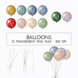 Puede incluir: Globos de acuarela en varios colores, incluyendo rojo, amarillo, azul y verde. La imagen incluye globos individuales y un grupo de globos atados con una cuerda. El texto dice "BALLOONS" y "13 TRANSPARENT PNG FILES - 300 DPI."
