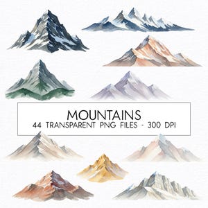 Puede incluir: Ilustraciones en acuarela de varios picos montañosos en tonos grises, azules, marrones y dorados. La imagen incluye el texto "MOUNTAINS" y "44 TRANSPARENT PNG FILES - 300 DPI".