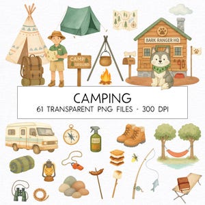 Könnte beinhalten: Ein Set mit 61 Illustrationen zum Thema Camping, darunter ein Wohnmobil, ein Zelt, ein Lagerfeuer, ein Kompass, eine Laterne, ein Schlafsack, eine Angelrute, eine Hängematte, ein Hund, eine Rangerstation, eine Karte, eine Pfeife, eine Marshmallow, ein Hotdog, eine Insektenschutzmittelflasche, ein Paar Stiefel, ein Fernglas, ein Seil und Steine. Die Illustrationen sind im Aquarellstil gehalten und eignen sich perfekt für die Erstellung digitaler oder gedruckter Designs.