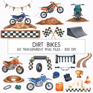 Puede incluir: Ilustración en acuarela con motos de cross en naranja, azul y verde azulado, junto con banderas de carreras, una línea de meta a cuadros y otros elementos de carreras. El texto "DIRT BIKES" se muestra, con la descripción "60 TRANSPARENT PNG FILES - 300 DPI".