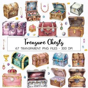 Pacote de clipart de baú de tesouro / aquarela de joias / PNG de alta qualidade / uso comercial / clipart de coroa / clipart de joias / baús cheios de ouro