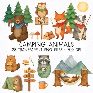 Camping Tiere Clipart Bundle / Aquarell / PNG Qualität / Kommerzielle Nutzung / Kinderzimmer Clipart