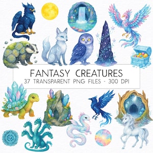 ファンタジーの生き物のクリップアートバンドル / 水彩画 / 高品質PNG / 商用利用 / 保育園のクリップアート